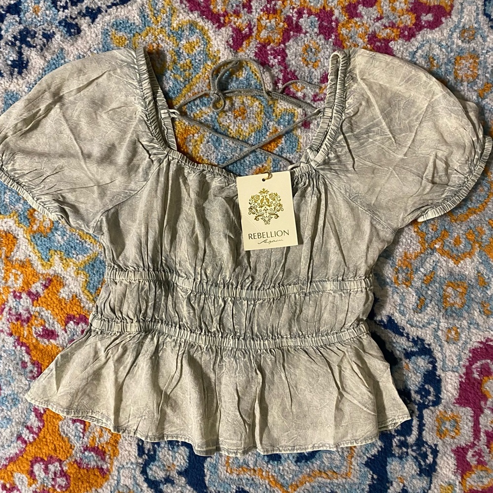 SOLD! Rebellion Again Criss-Cross Lace Up Backless Ruffle Hem Peplum Crop Top M - Picture 1 of 16